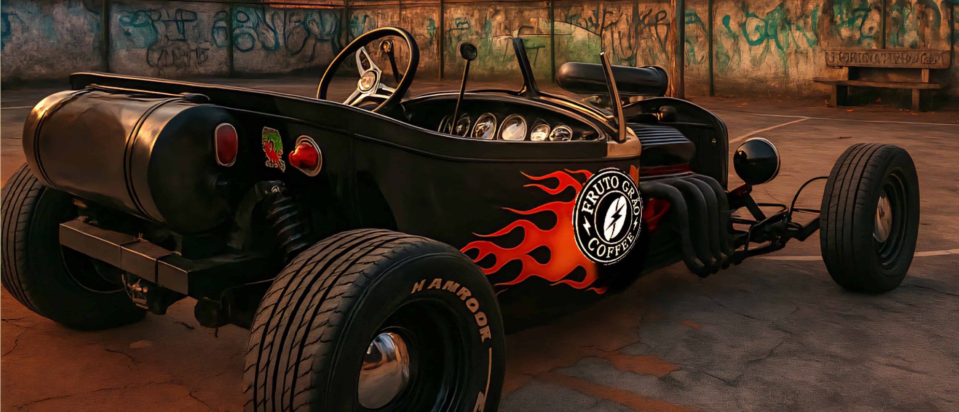 Hot rod preto com chamas e o logo da Fruto Grão Coffee na beira da BR-116