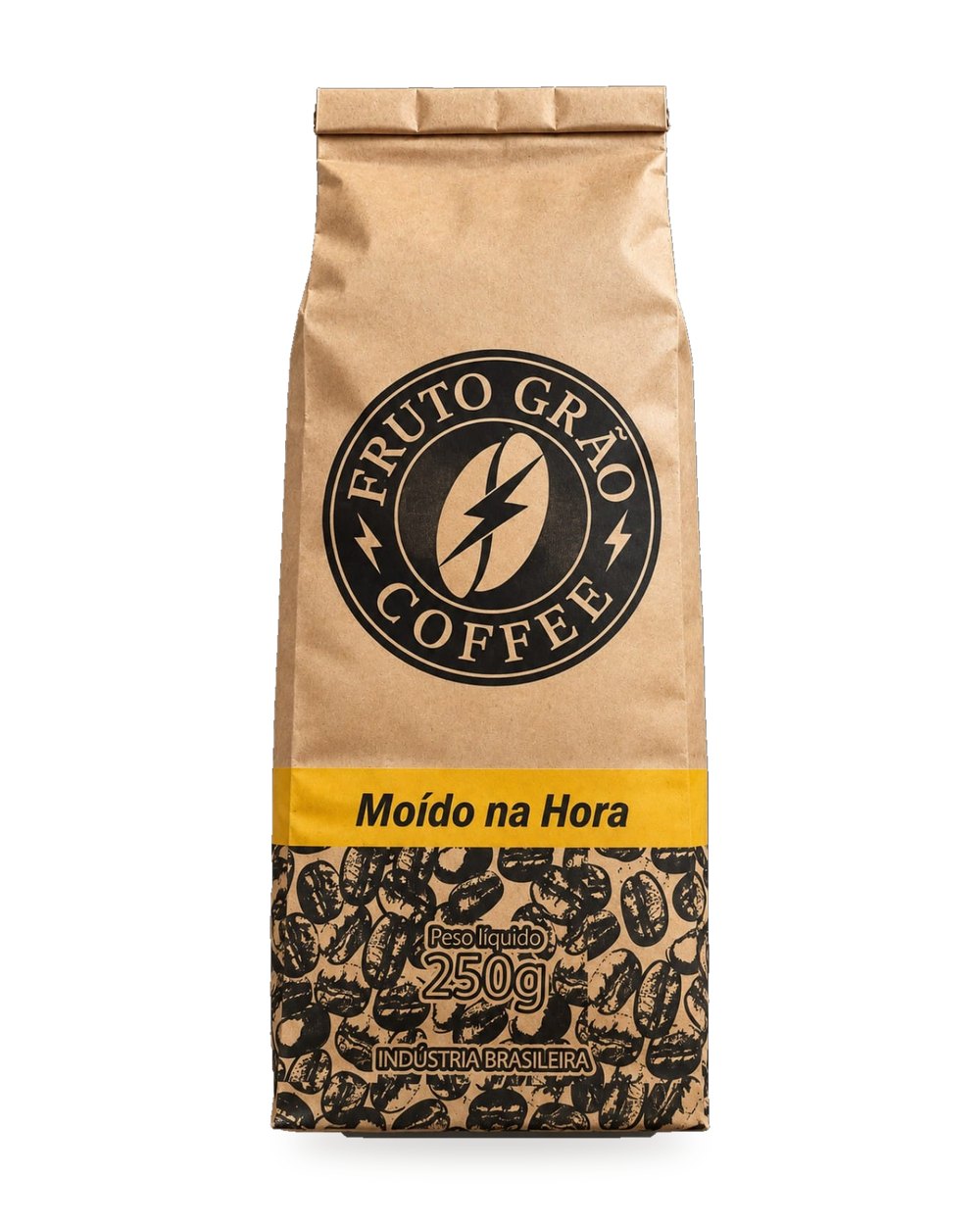 Pacote kraft de 250 g do Café Torra Média Fruto Grão moído na hora, com a faixa amarela "Moído na Hora"