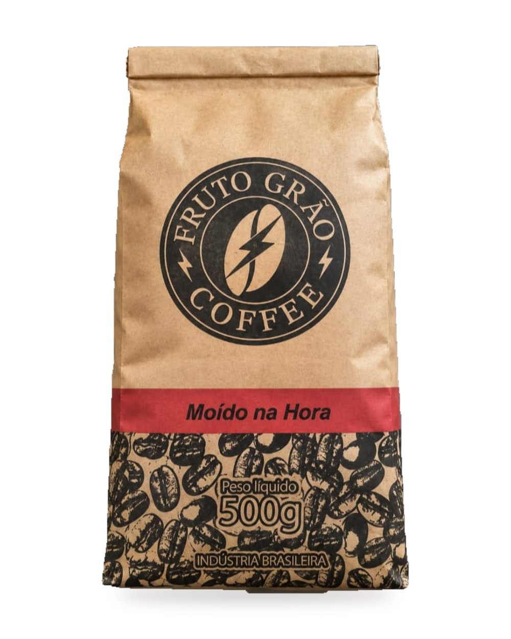 Pacote kraft de 500 g do Café Torra Escura Fruto Grão moído na hora, com a faixa vermelha "Moído na Hora"