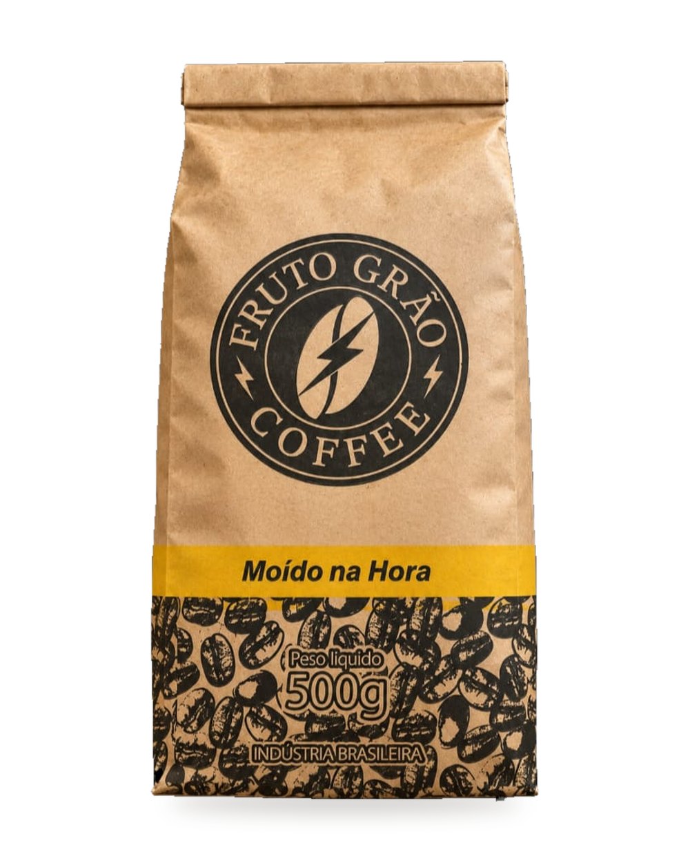 Pacote kraft de 500 g do Café Torra Média Fruto Grão moído na hora, com a faixa amarela "Moído na Hora"